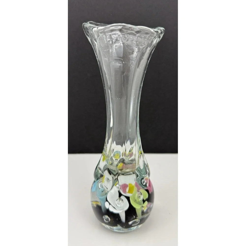 Vintage MCM St Clair Art Glass Bud Vase Pastel Flowers Handblown with Bubbles
